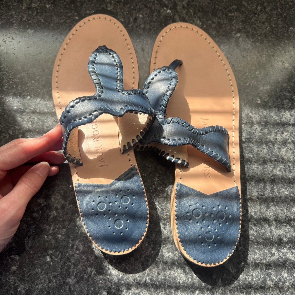 Jack Rogers Jacks Flat Sandals Navy Blue Leather Whipstitch Thong 9M Classic - Picture 4 of 8